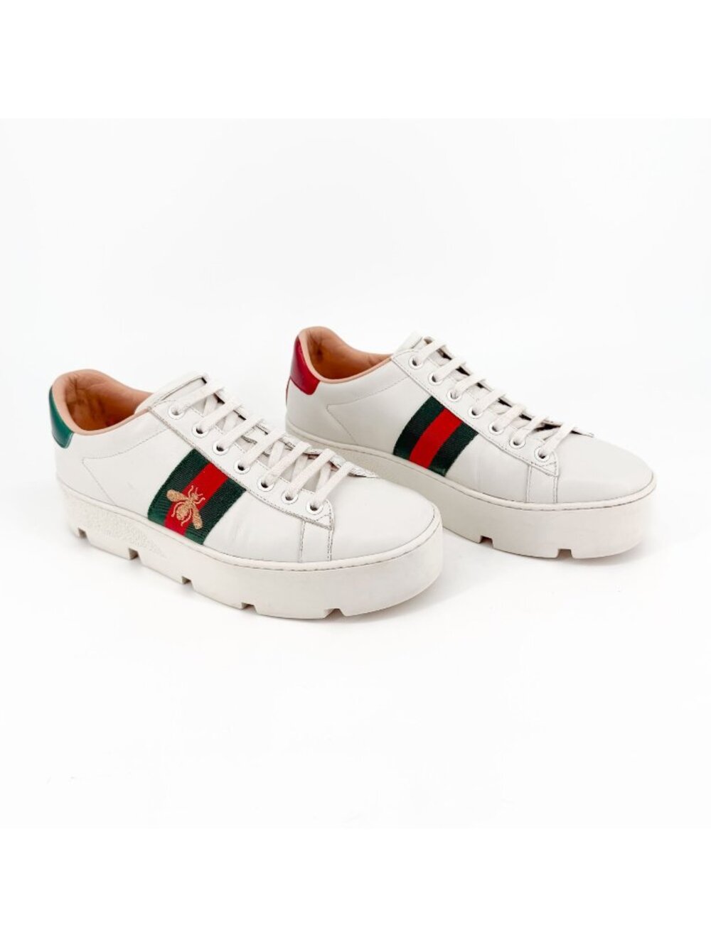 Gucci Ace Bee Platform Sneakers White Leather Web Stripe Size 39 US 9 Women’s